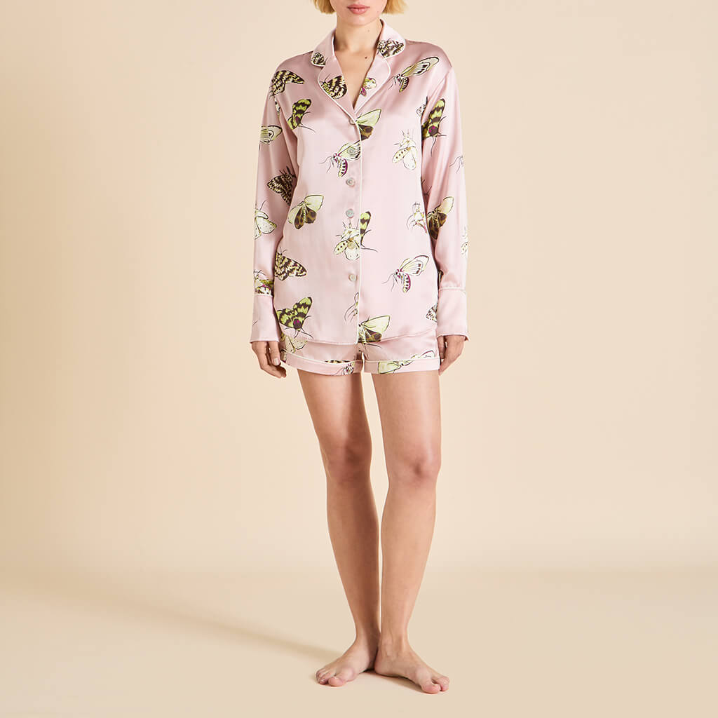 Alba Elda Pink Moth Pajamas in Silk Satin