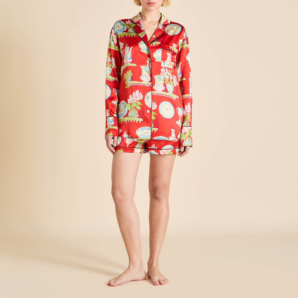 Alba Renata Red Plate Pajamas in Silk Satin