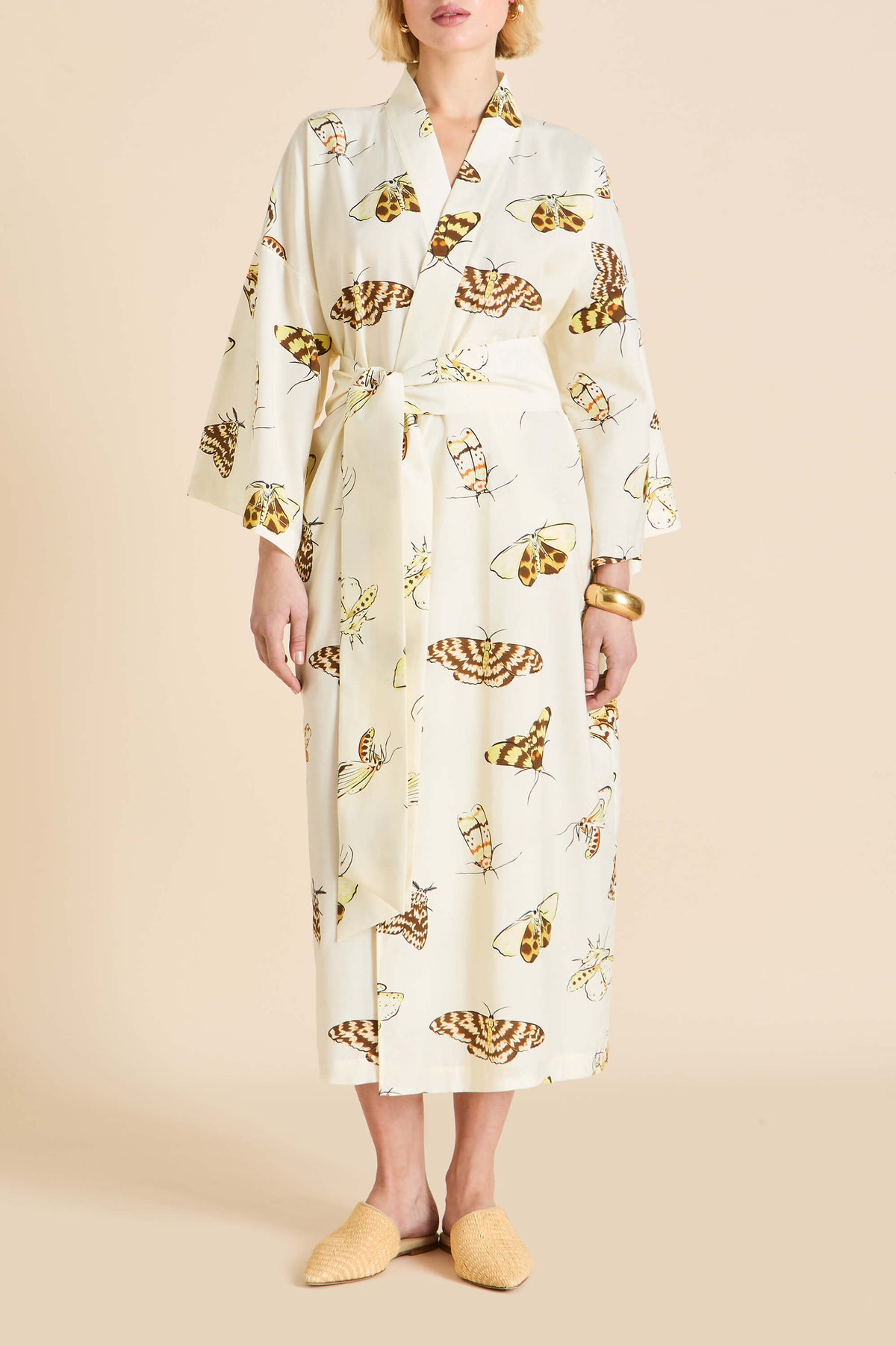 Amaya Opaline Cream Moth Robe in Cotton-Silk