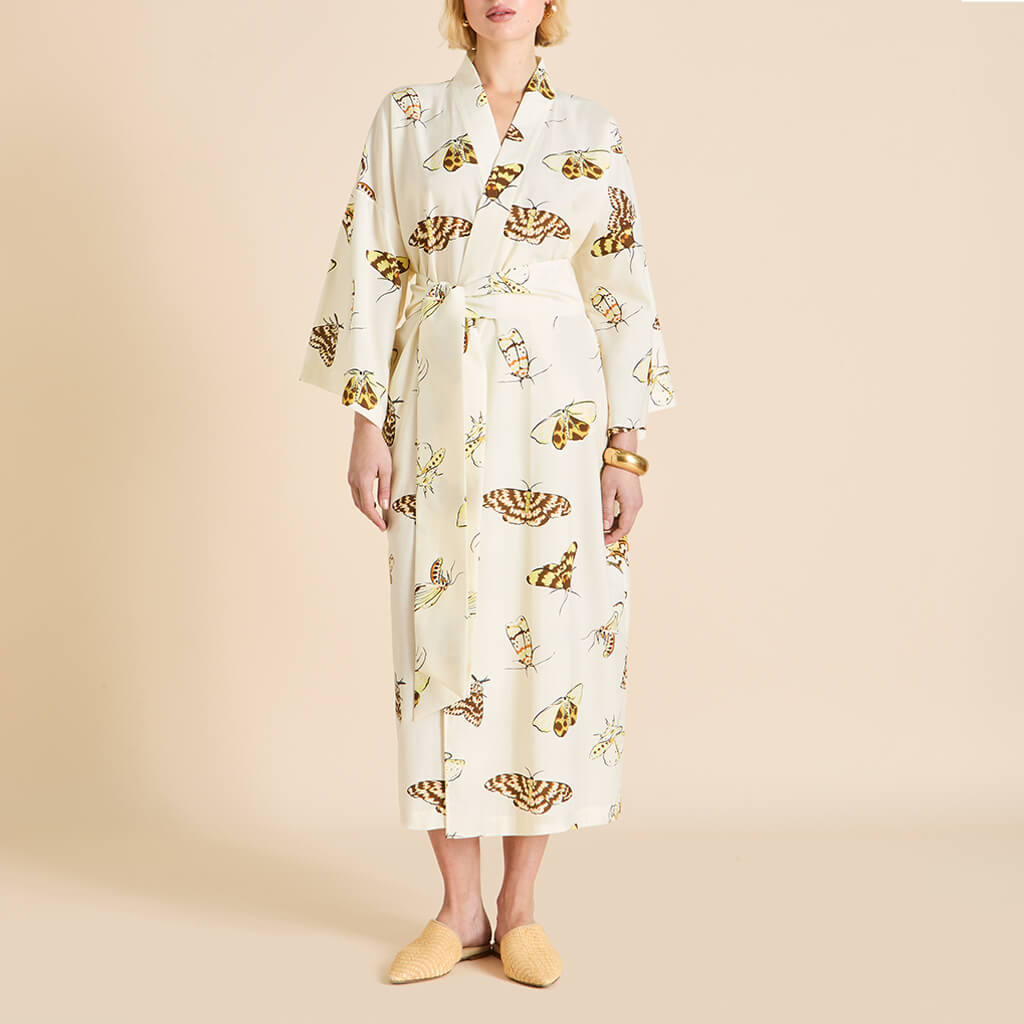 Amaya Opaline Cream Moth Robe in Cotton-Silk