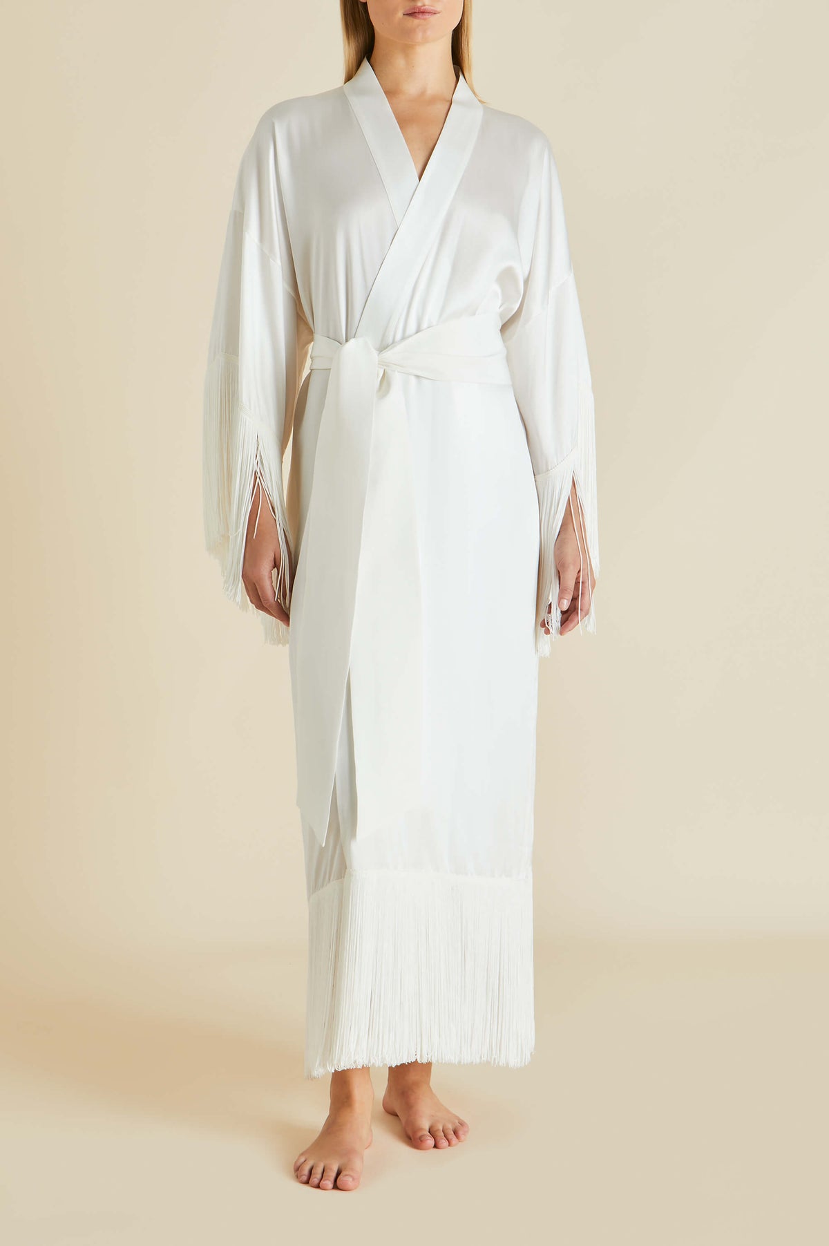 Amina Ivory Fringed Robe in Silk Satin