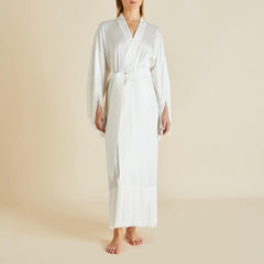 Amina Ivory Fringed Robe in Silk Satin