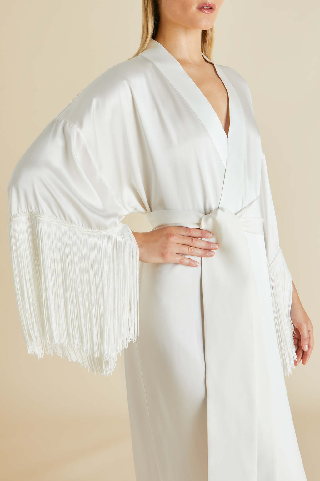 Amina Ivory Fringed Robe in Silk Satin