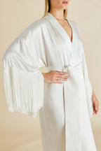 Amina Ivory Fringed Robe in Silk Satin