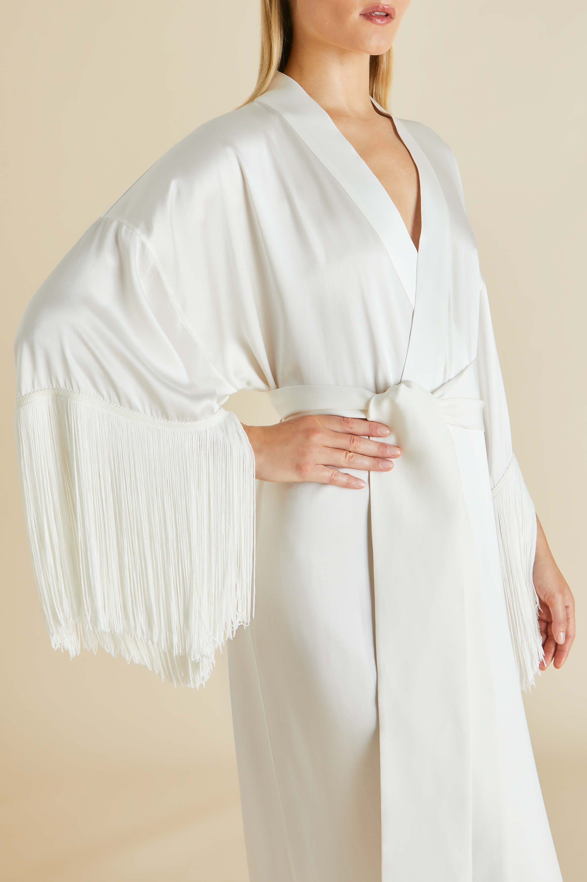 Amina Ivory Fringed Robe in Silk Satin
