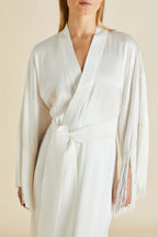 Amina Ivory Fringed Robe in Silk Satin