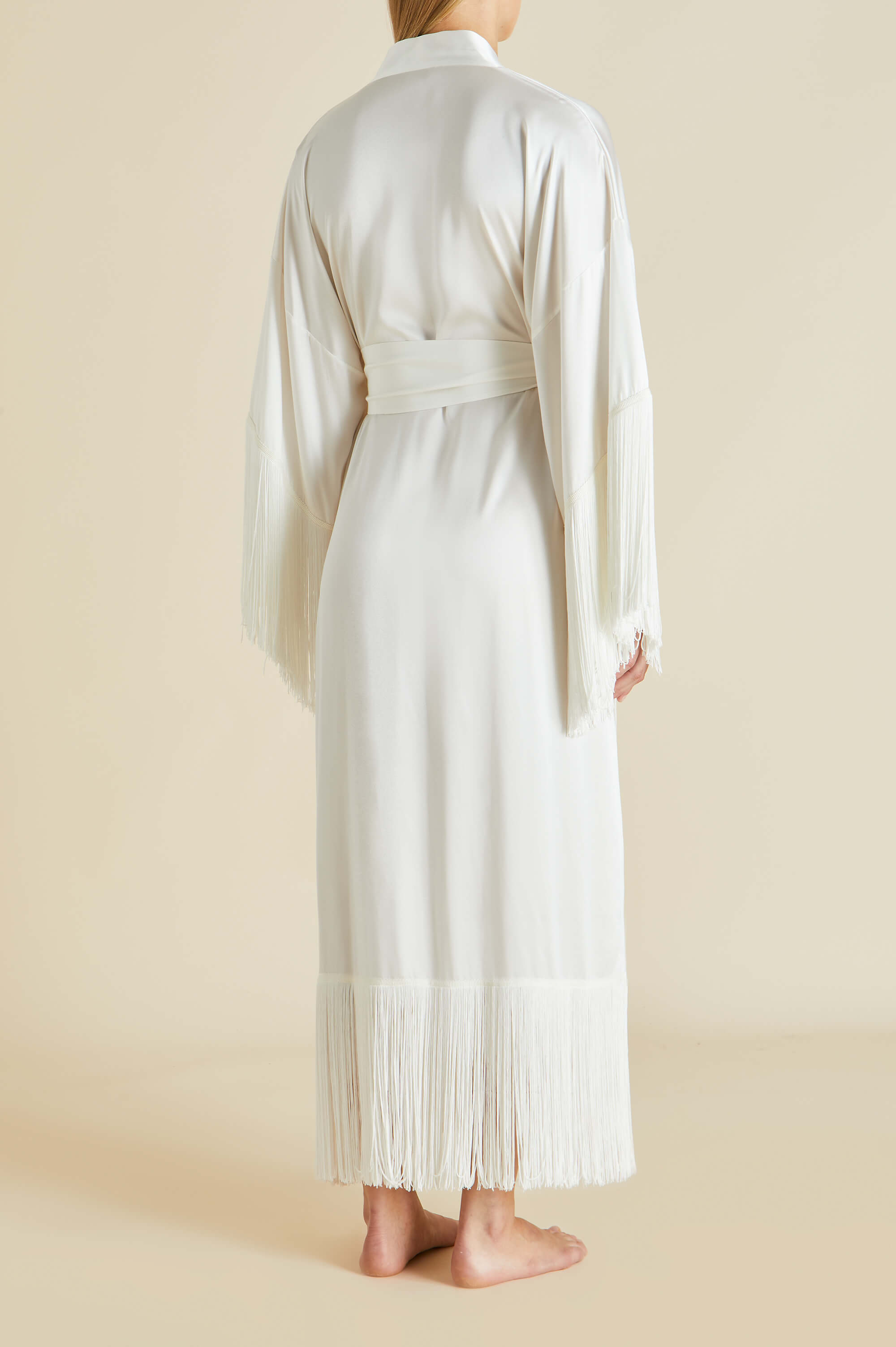 Amina Ivory Fringed Robe in Silk Satin