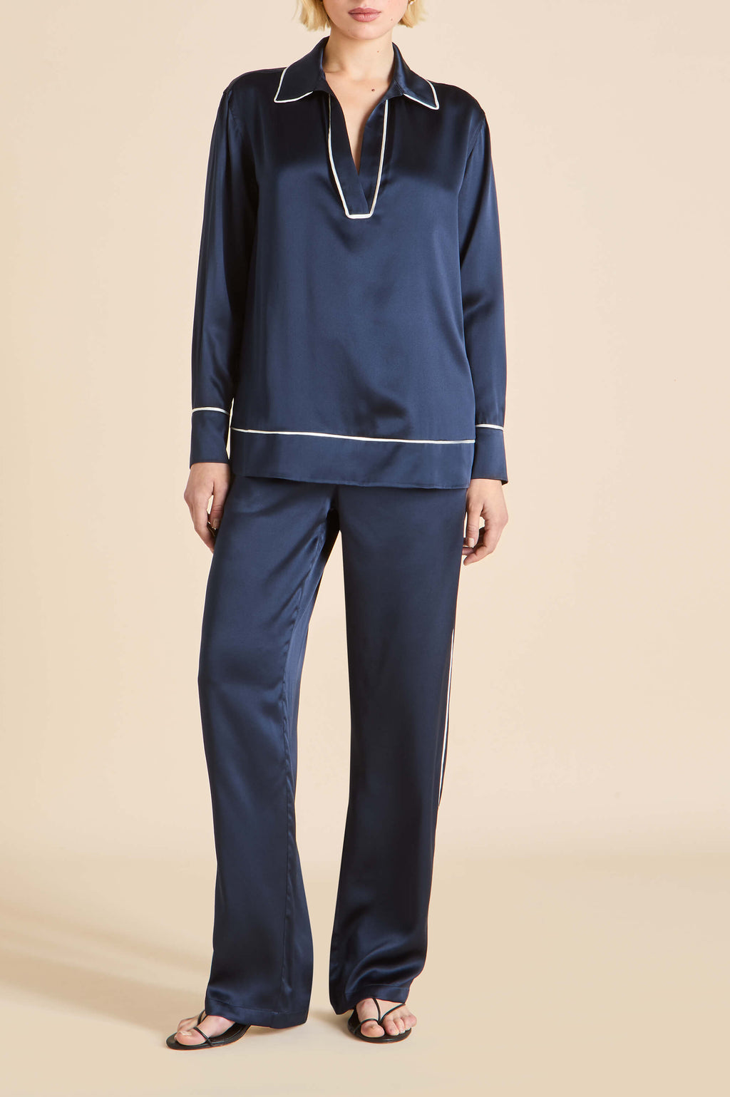 Anita Navy Pajamas in Silk Satin