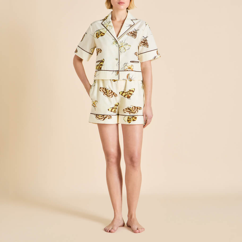 Arletty Opaline Cream Moth Pajamas in Cotton-Silk