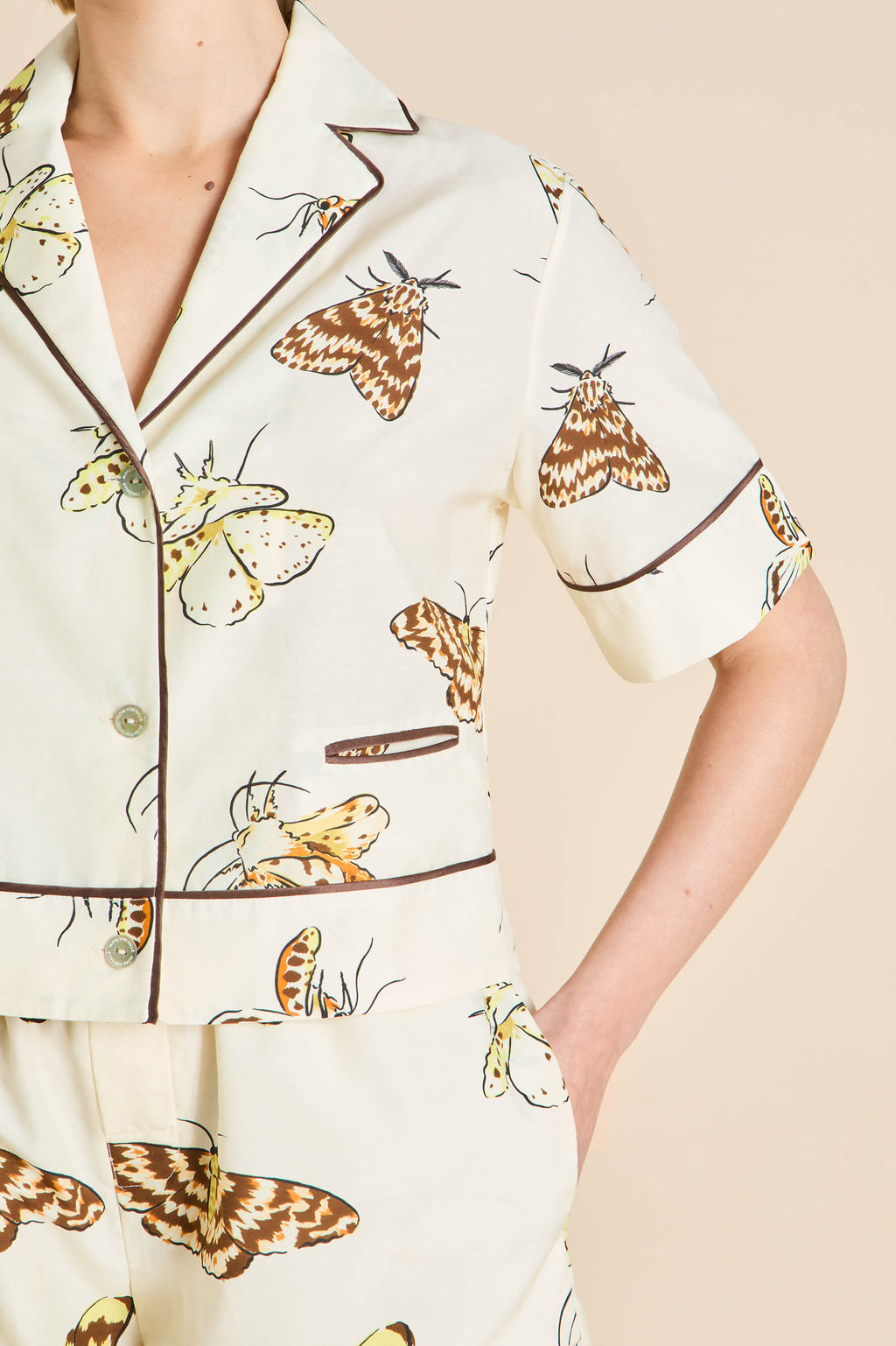 Arletty Opaline Cream Moth Pajamas in Cotton-Silk