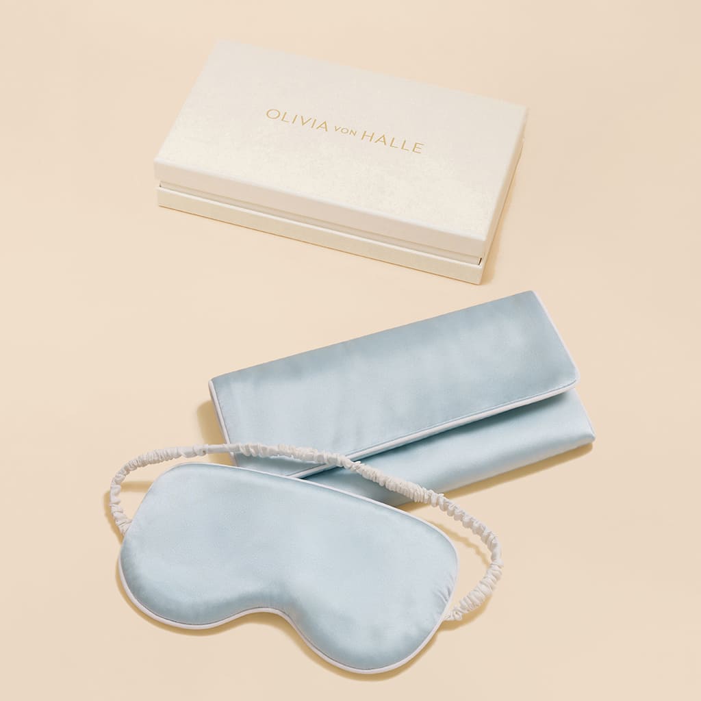 Audrey Powder Blue Ivory Eye Mask in Silk Satin