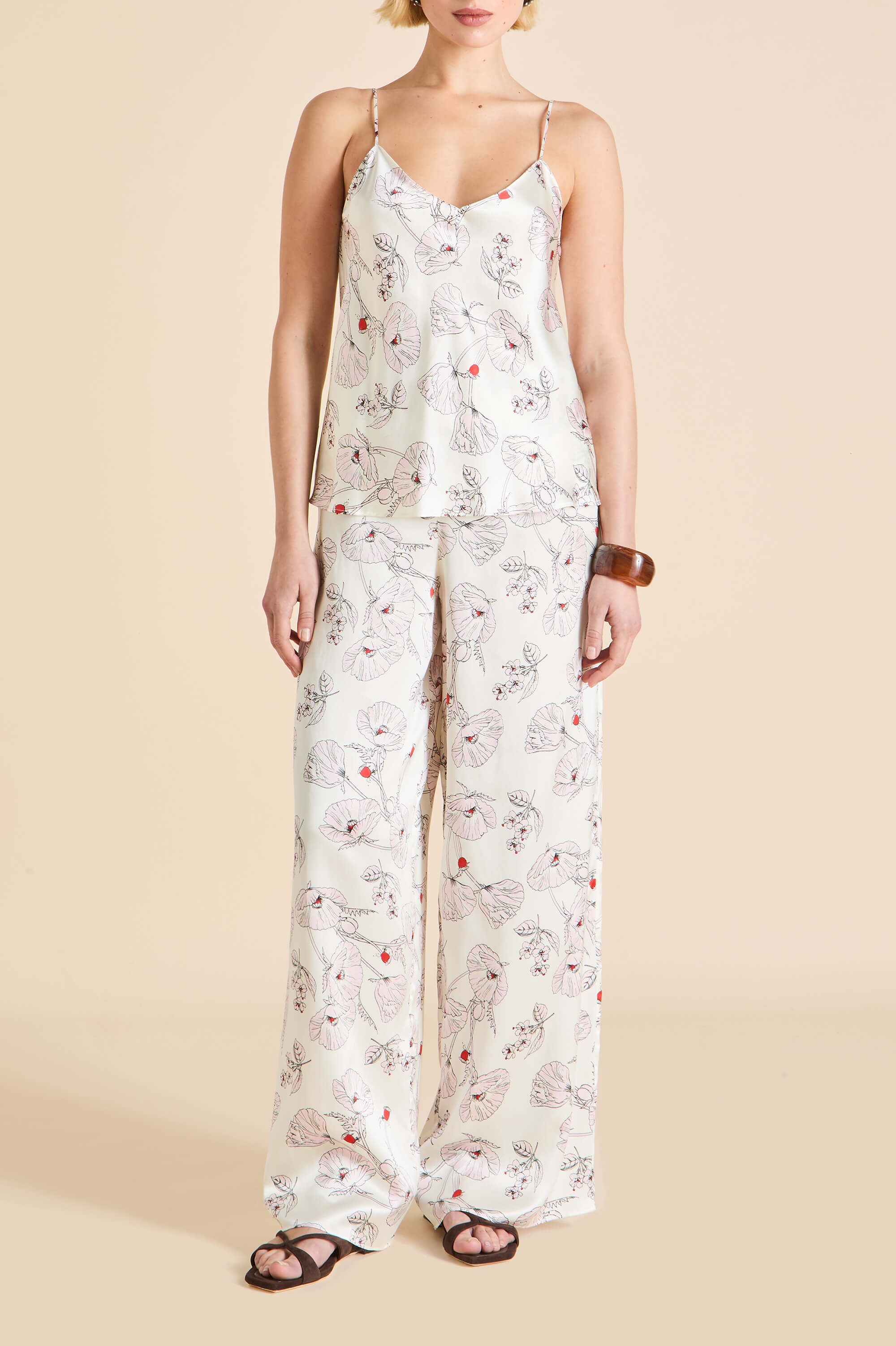 Bliss Rosalia Ivory Floral Camisole Set in Silk Satin