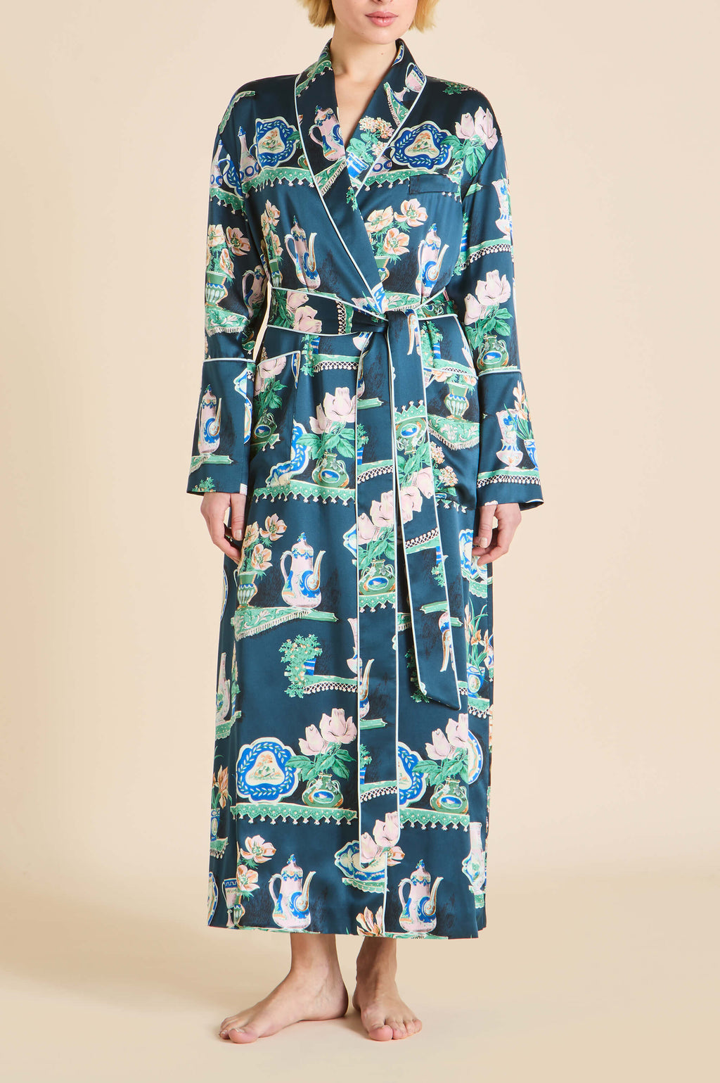 Capability Giotto Blue Plate Robe in Silk Satin