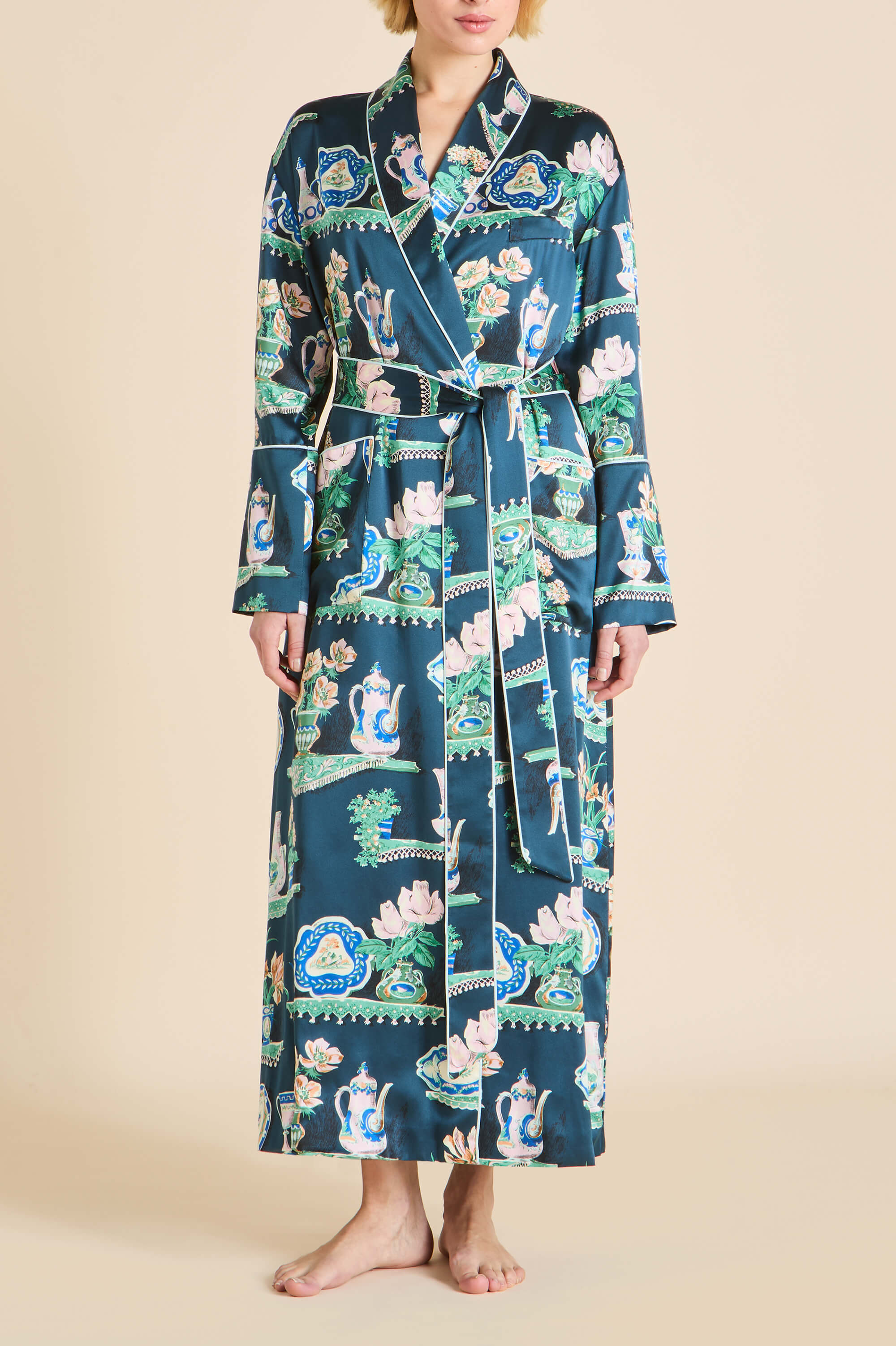 Capability Giotto Blue Plate Robe in Silk Satin