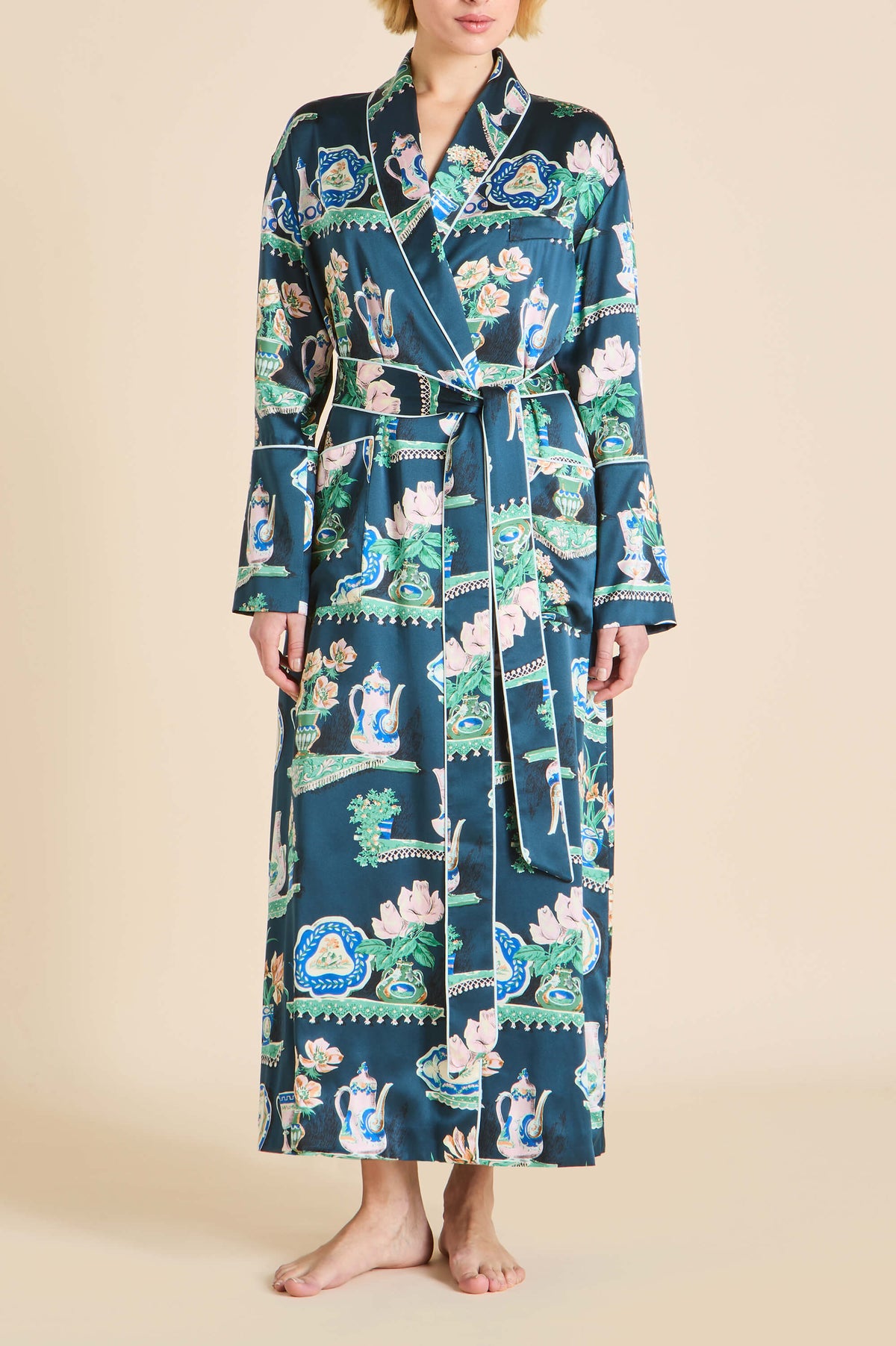 Capability Giotto Blue Plate Robe in Silk Satin