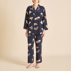 Casablanca Notte Navy Moth Pajamas in Silk Crêpe de Chine