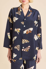 Casablanca Notte Navy Moth Pajamas in Silk Crêpe de Chine