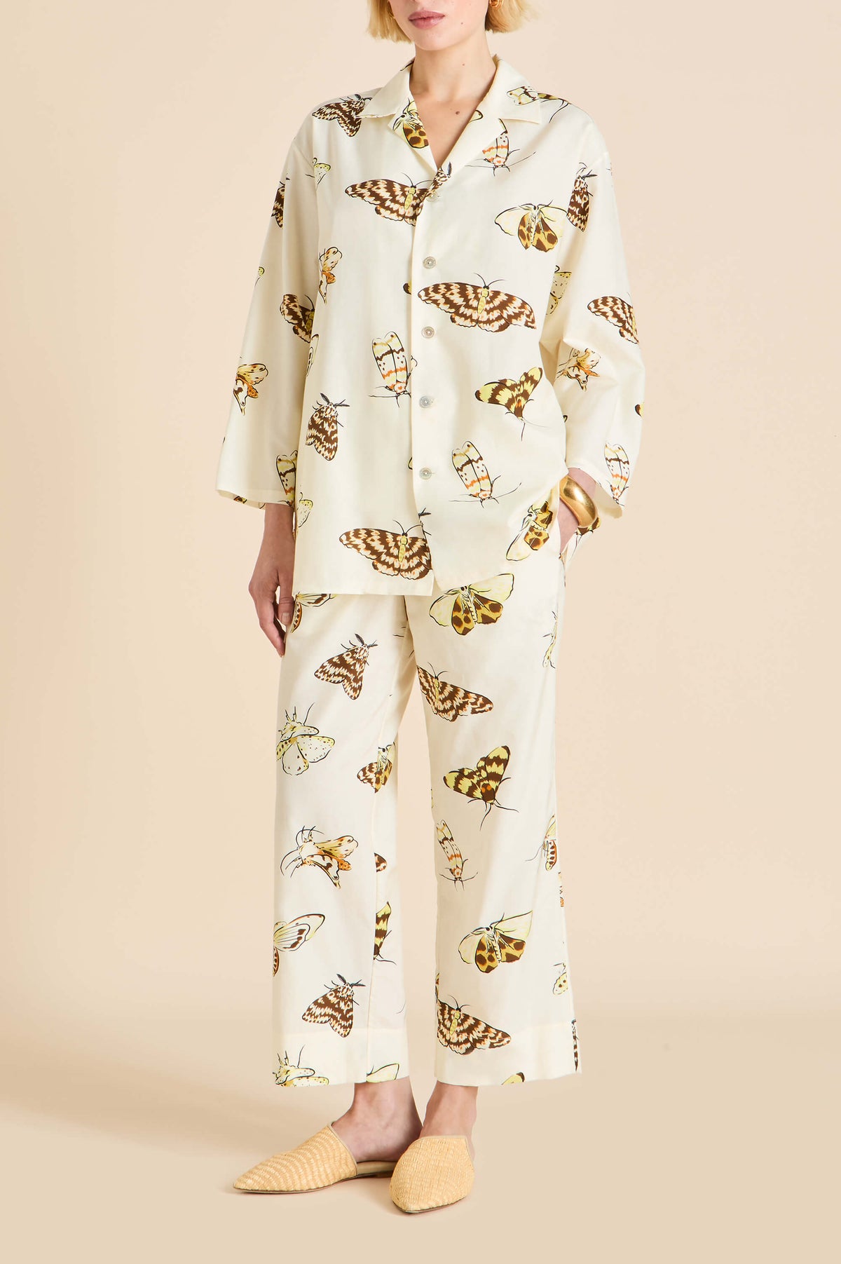 Casablanca Opaline Cream Moth Pajamas in Cotton-Silk