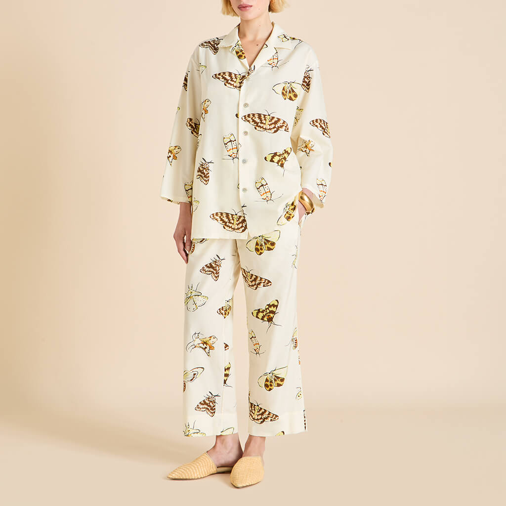 Casablanca Opaline Cream Moth Pajamas in Cotton-Silk