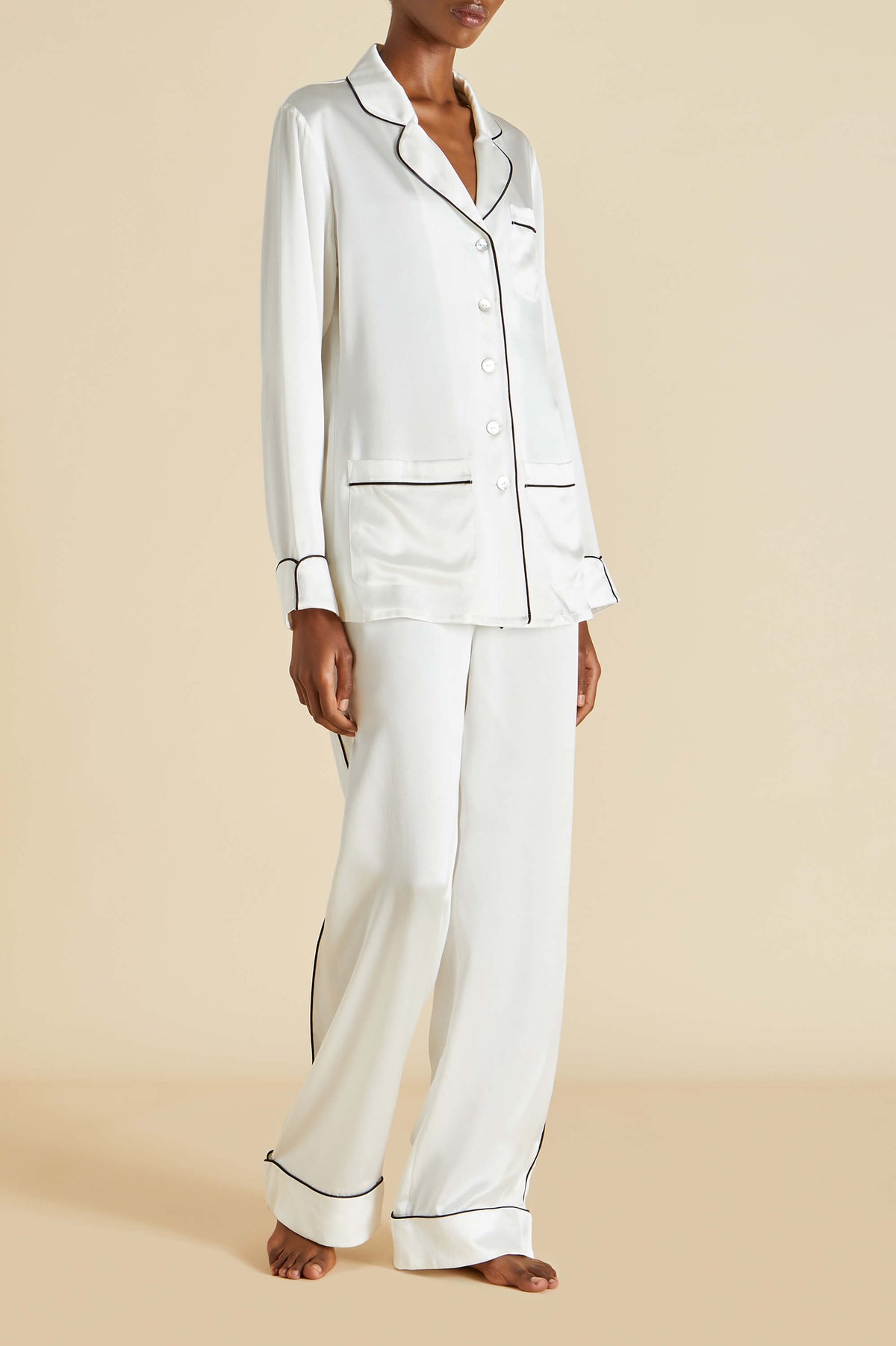 Coco Ivory Jet Black Pajamas in Silk Satin