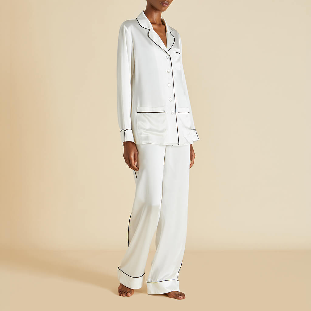 Coco Ivory Jet Black Pajamas in Silk Satin