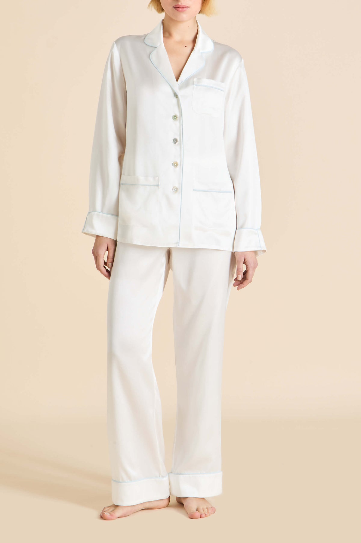 Coco Ivory Powder Blue Pajamas in Silk Satin