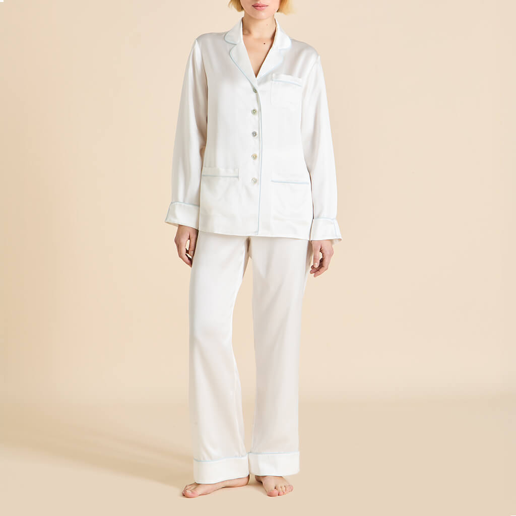 Coco Ivory Powder Blue Pajamas in Silk Satin