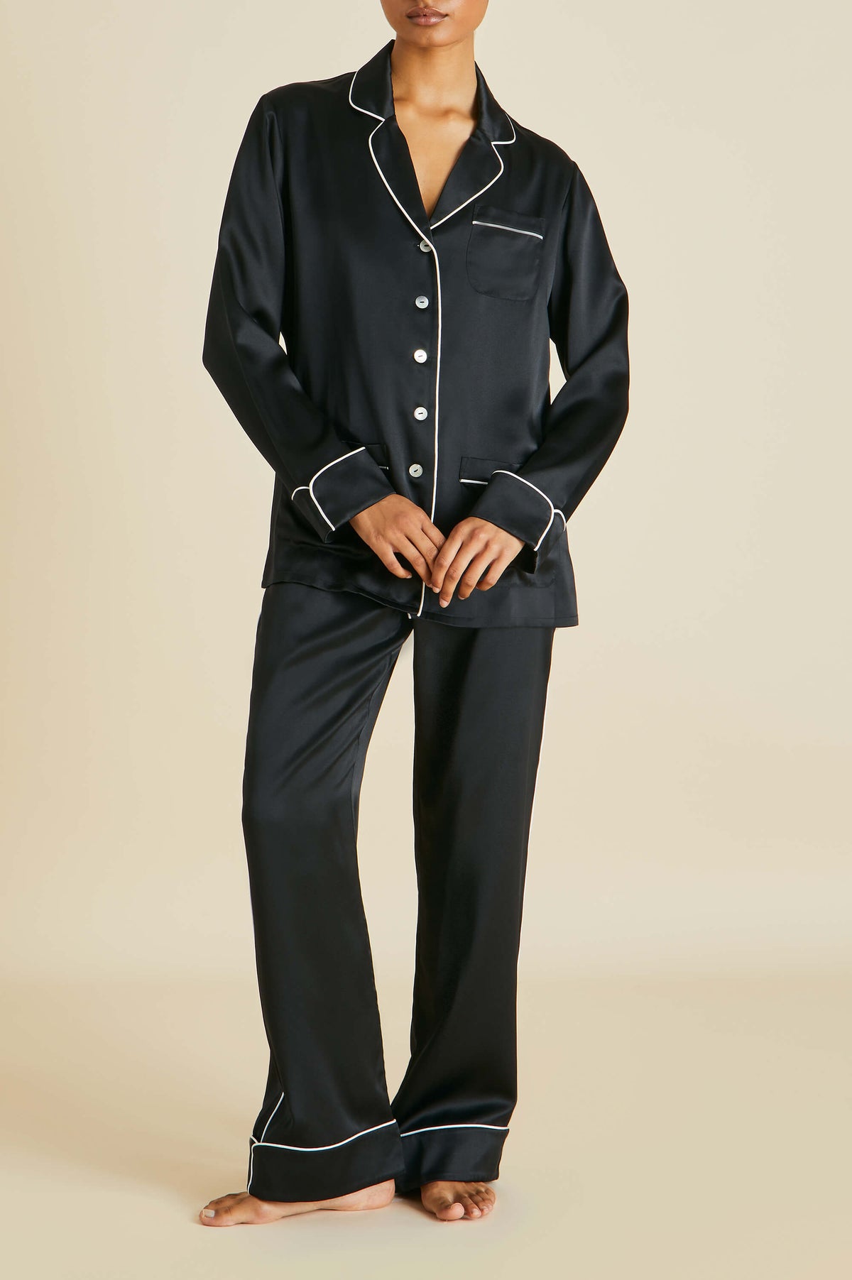 Coco Jet Black Pajamas in Silk Satin
