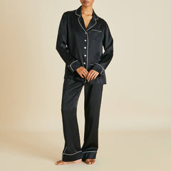Coco Jet Black Pajamas in Silk Satin