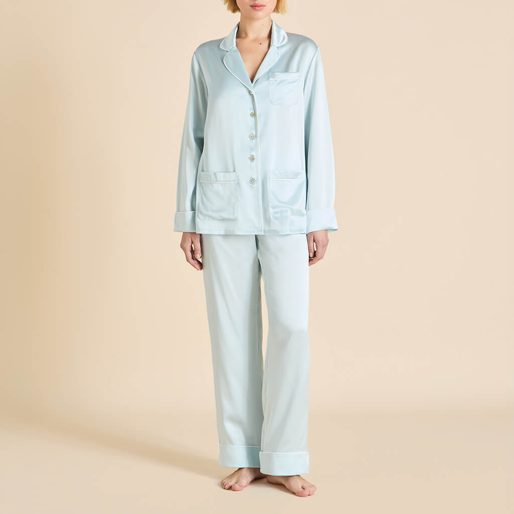 Coco Powder Blue Ivory Pajamas in Silk Satin