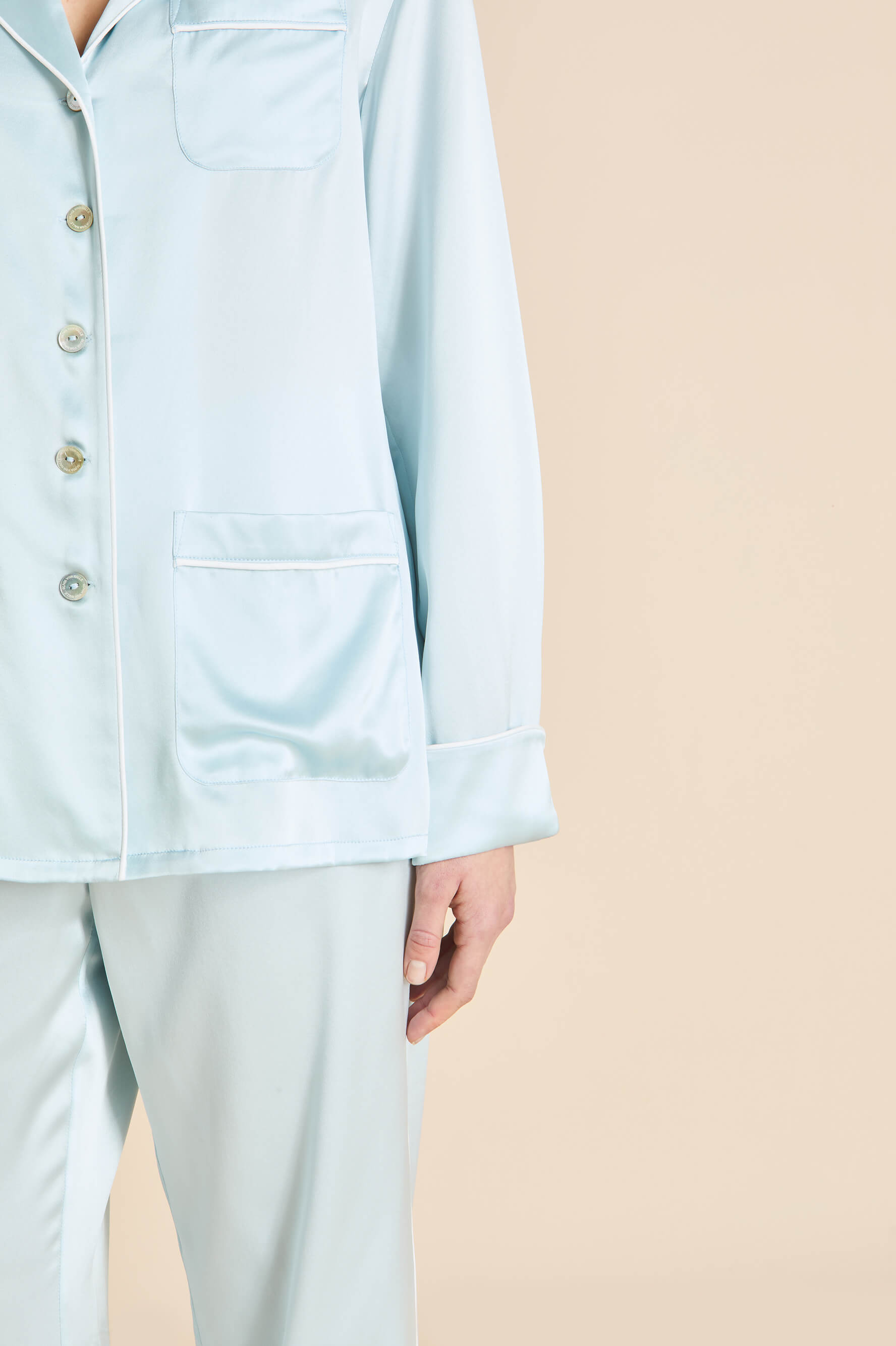Coco Powder Blue Ivory Pajamas in Silk Satin