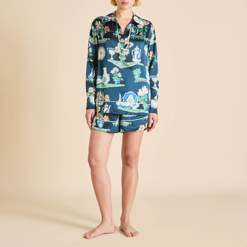 Ebba Giotto Green Plate Pajamas in Silk Satin