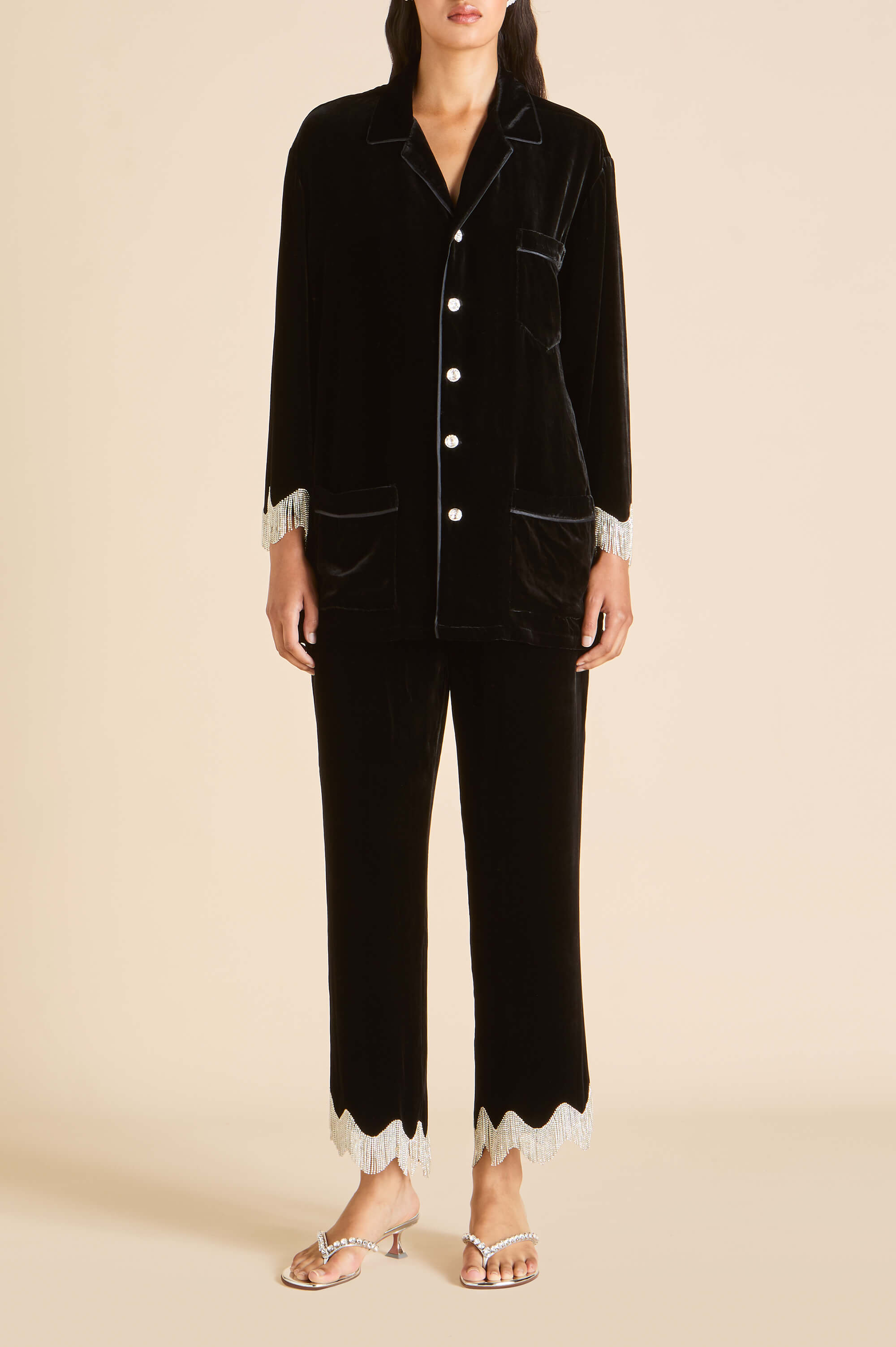 Fifi Valentina Black Crystal Fringe Pajamas in Silk Velvet