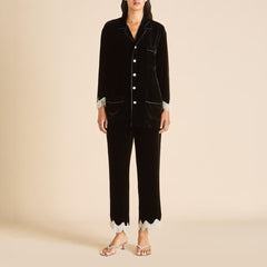Fifi Valentina Black Crystal Fringe Pajamas in Silk Velvet