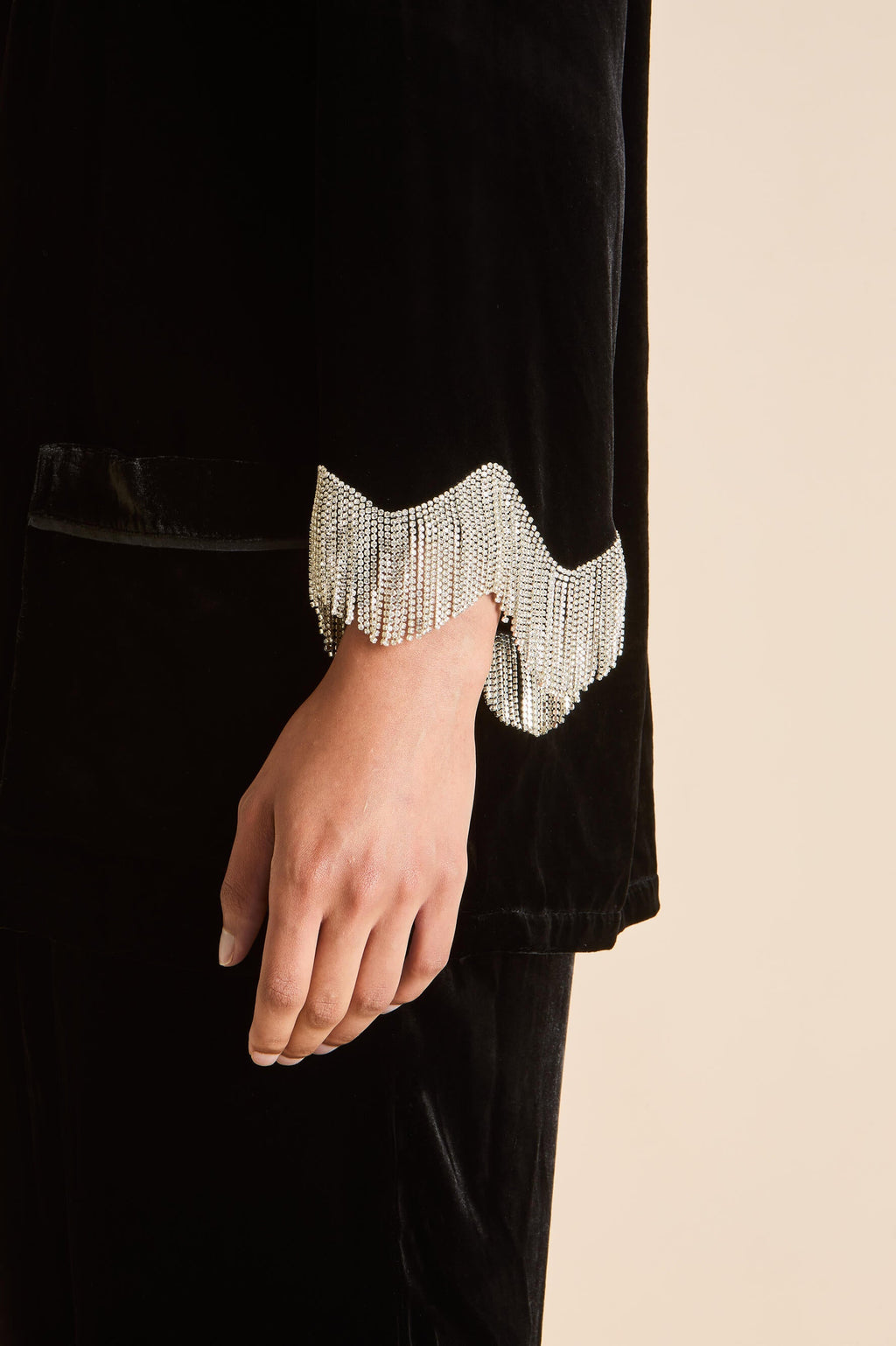 Fifi Valentina Black Crystal Fringe Pajamas in Silk Velvet