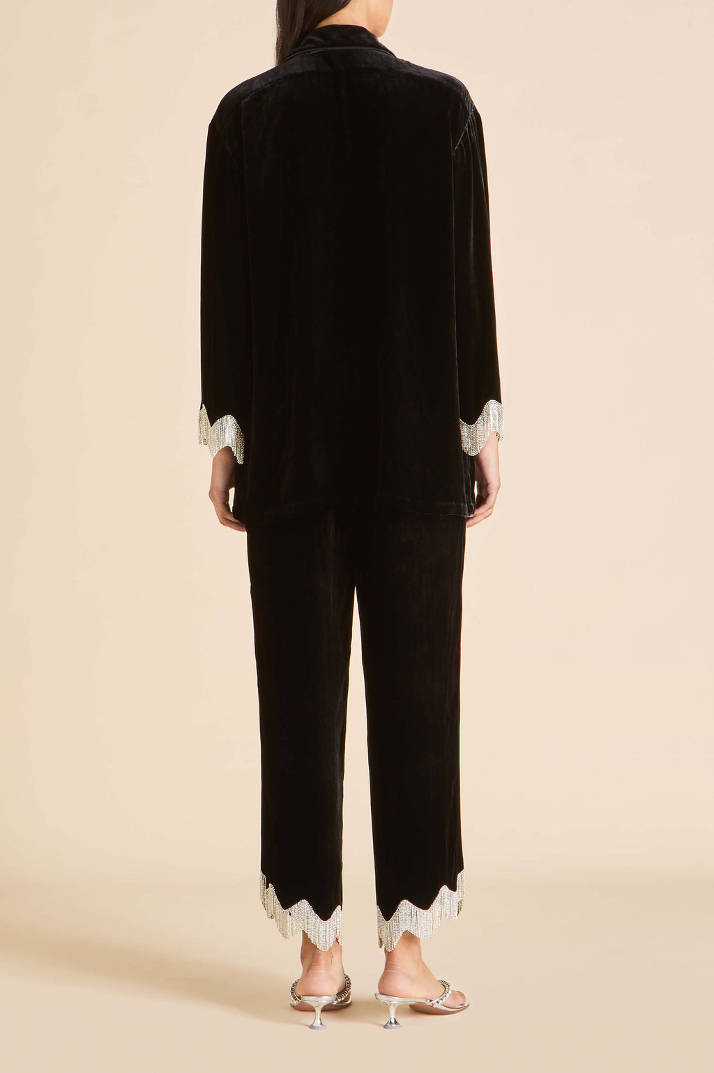 Fifi Valentina Black Crystal Fringe Pajamas in Silk Velvet
