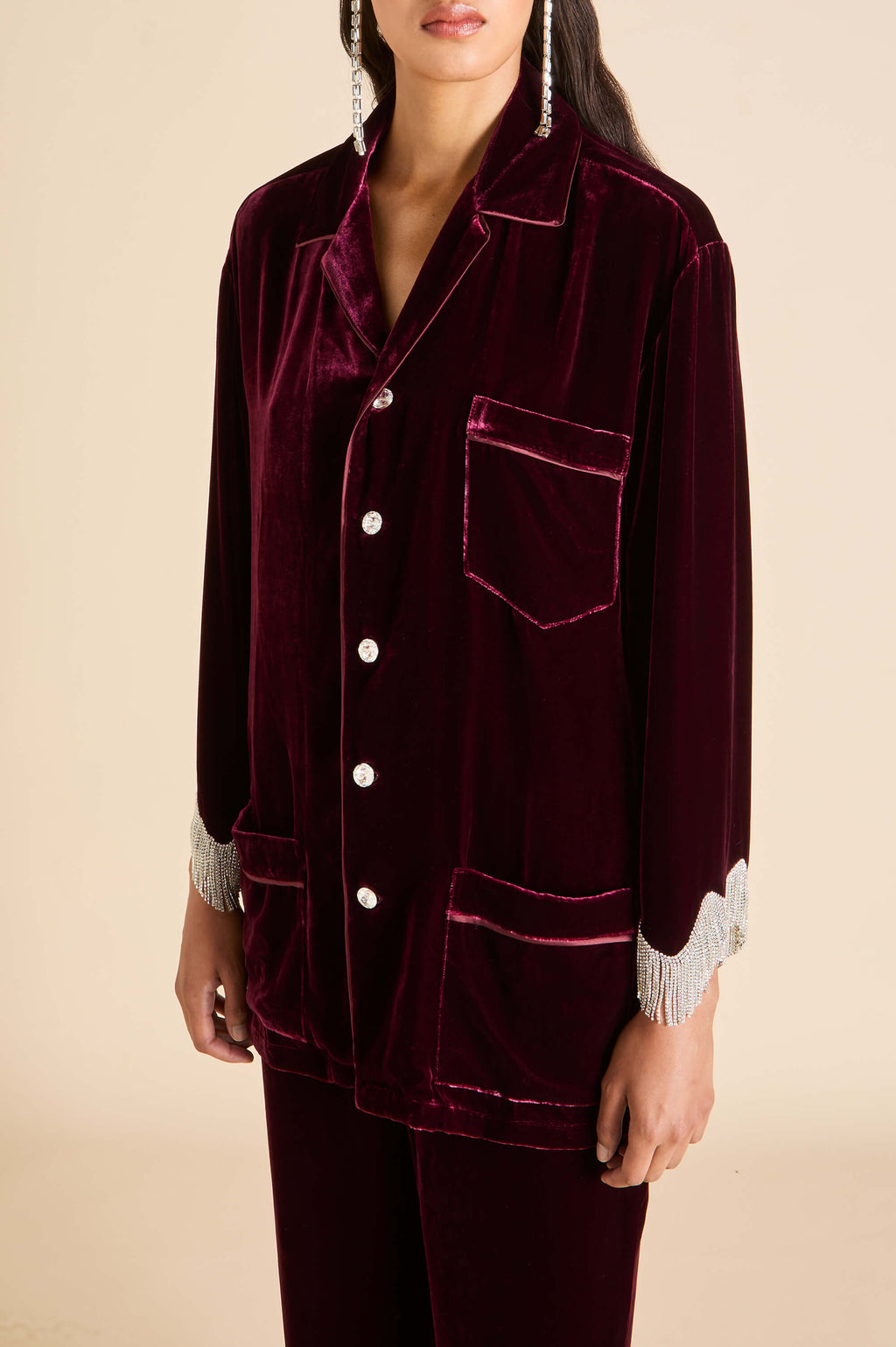 Fifi Victoria Red Crystal Fringe Pajamas in Silk Velvet