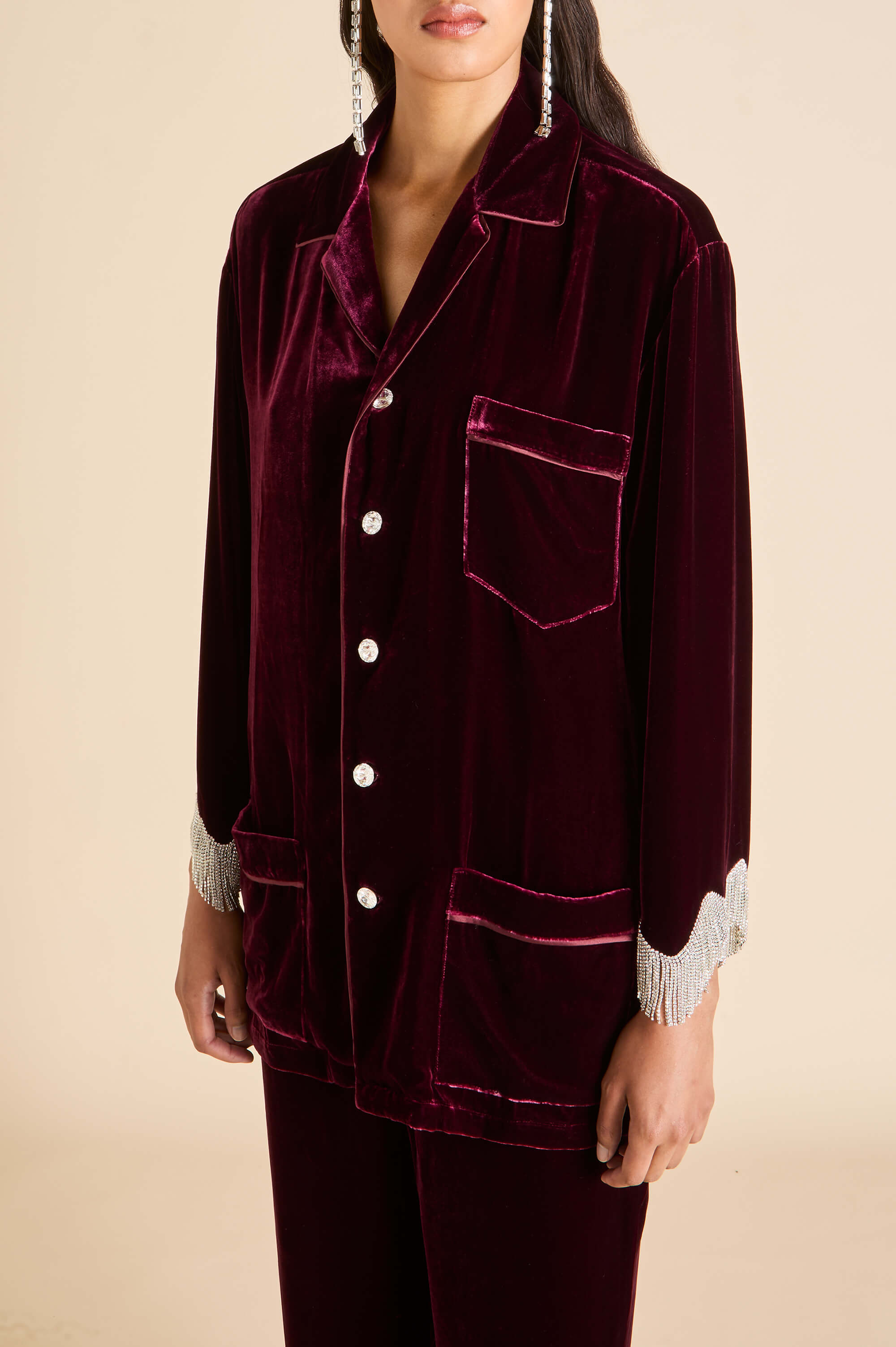 Fifi Victoria Red Crystal Fringe Pajamas in Silk Velvet