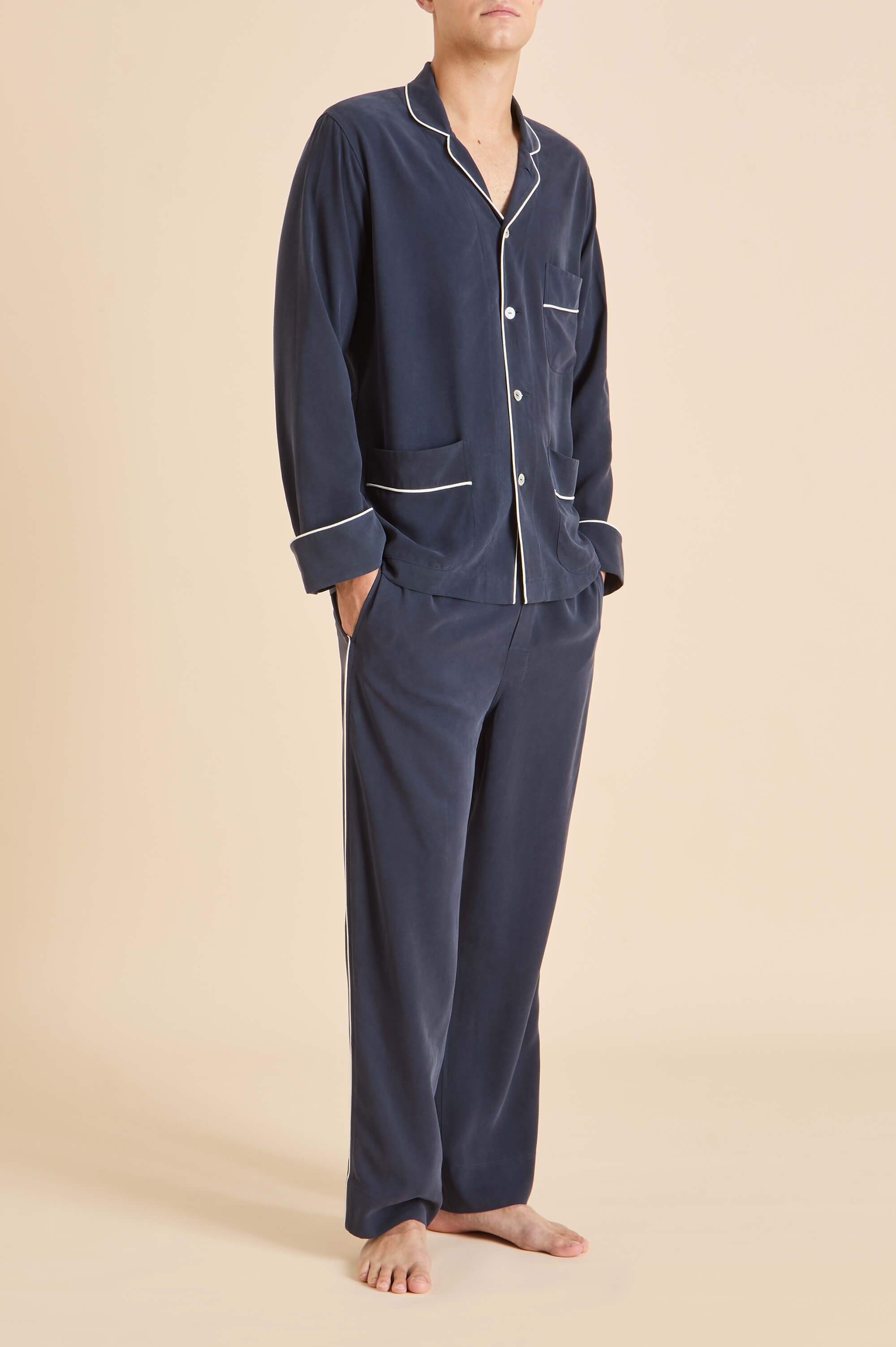 Laurent Navy Pyjamas in Sandwashed Silk