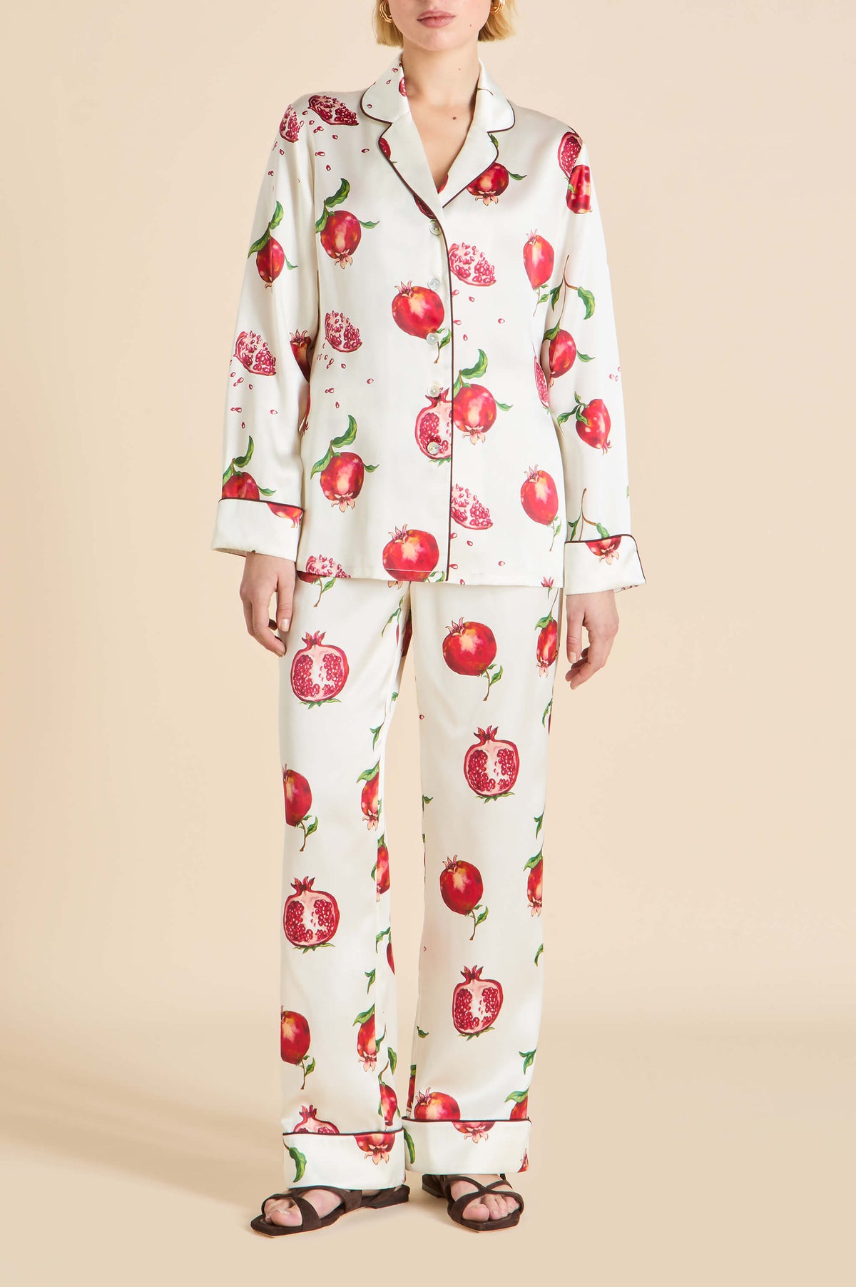 Lila Allegra Ivory Pomegranate Pajamas in Silk Satin