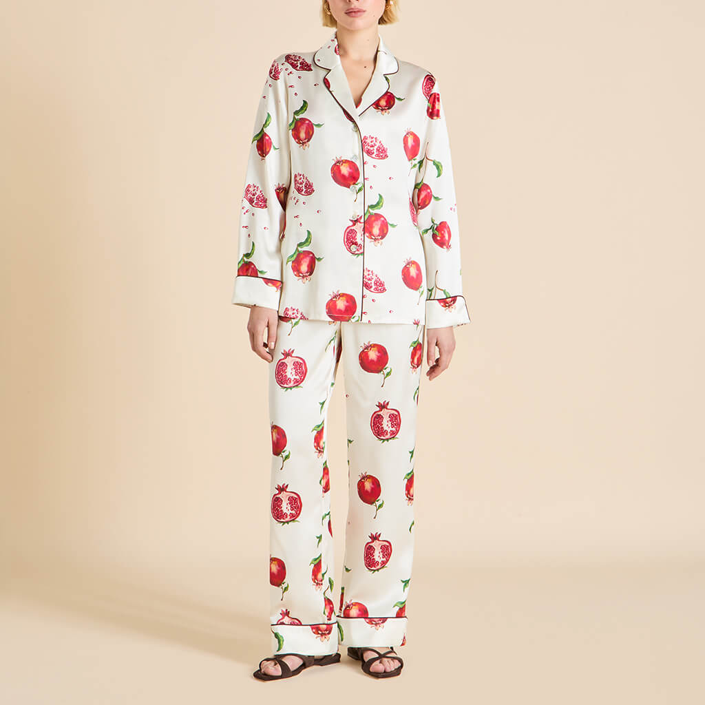 Lila Allegra Ivory Pomegranate Pajamas in Silk Satin