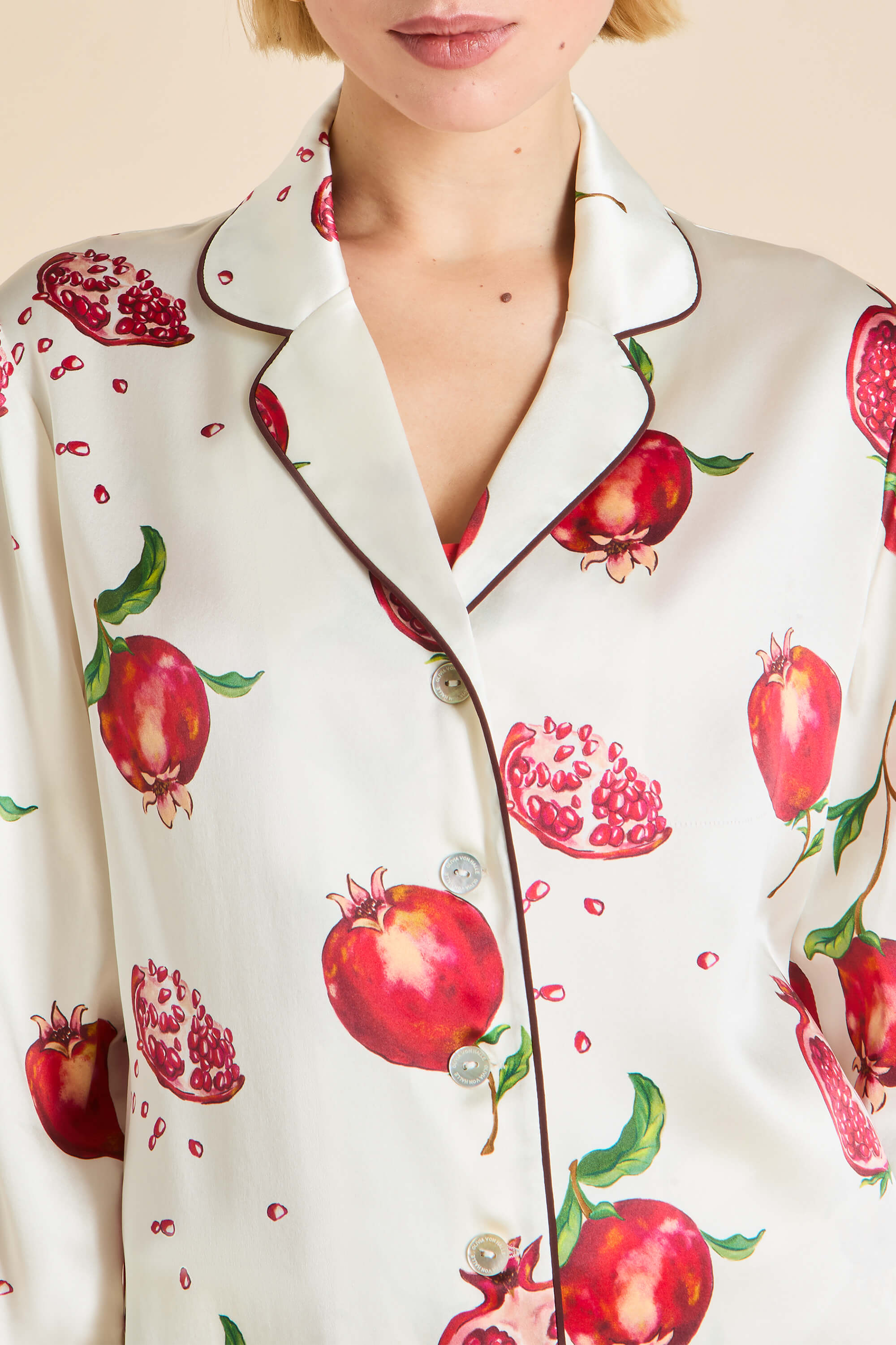 Lila Allegra Ivory Pomegranate Pajamas in Silk Satin