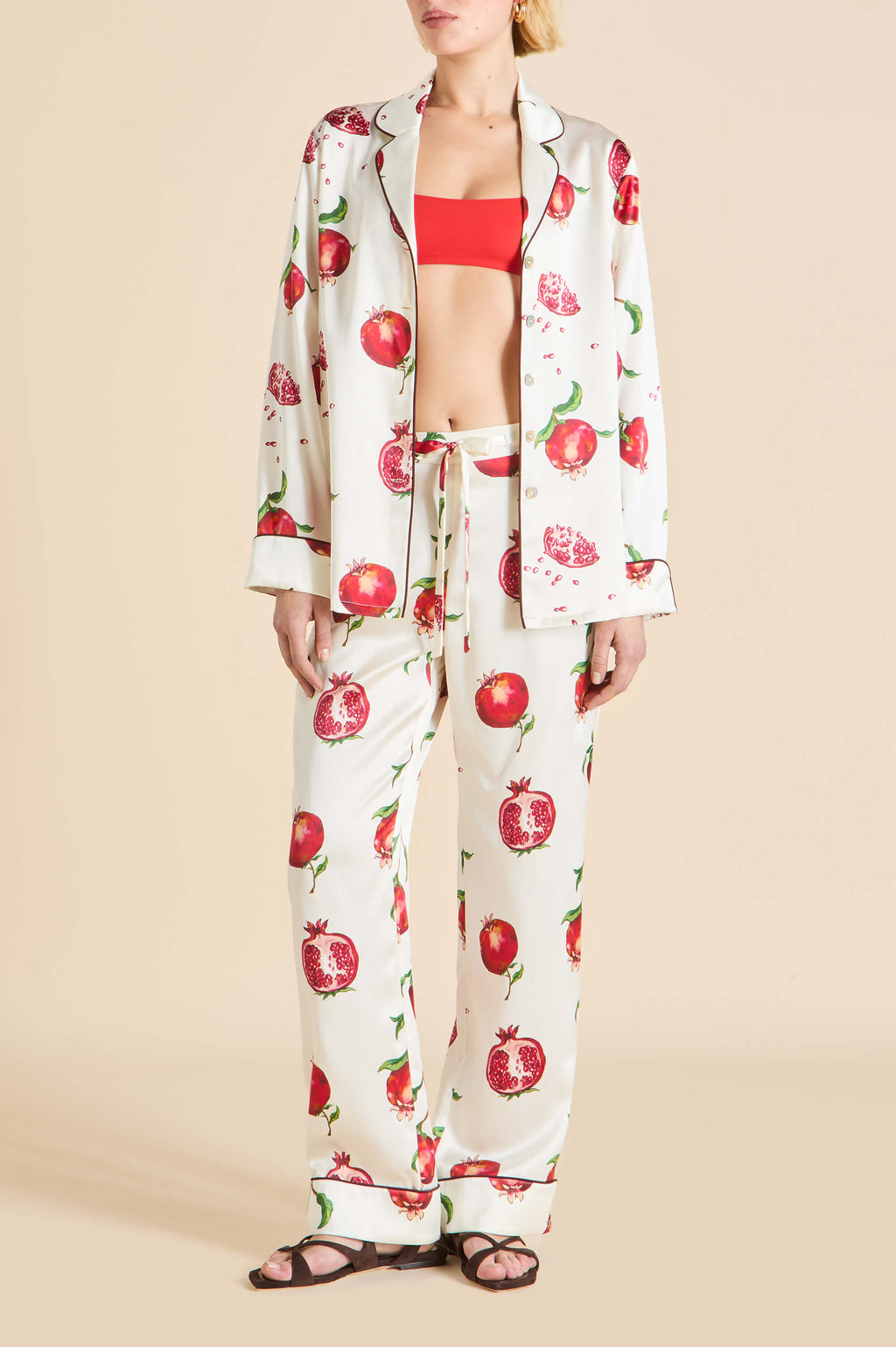 Lila Allegra Ivory Pomegranate Pajamas in Silk Satin