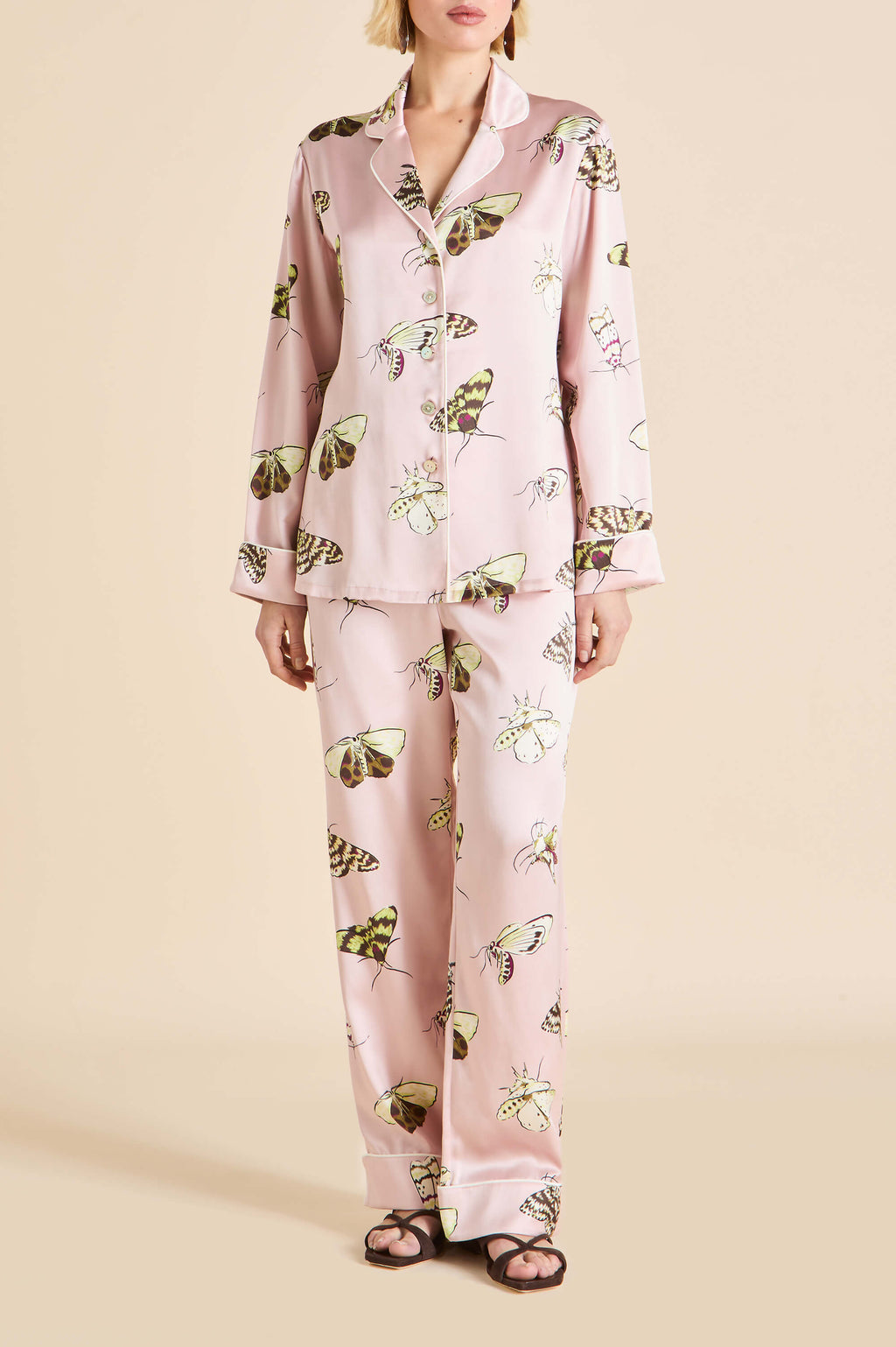 Lila Elda Pink Moth Pajamas in Silk Satin