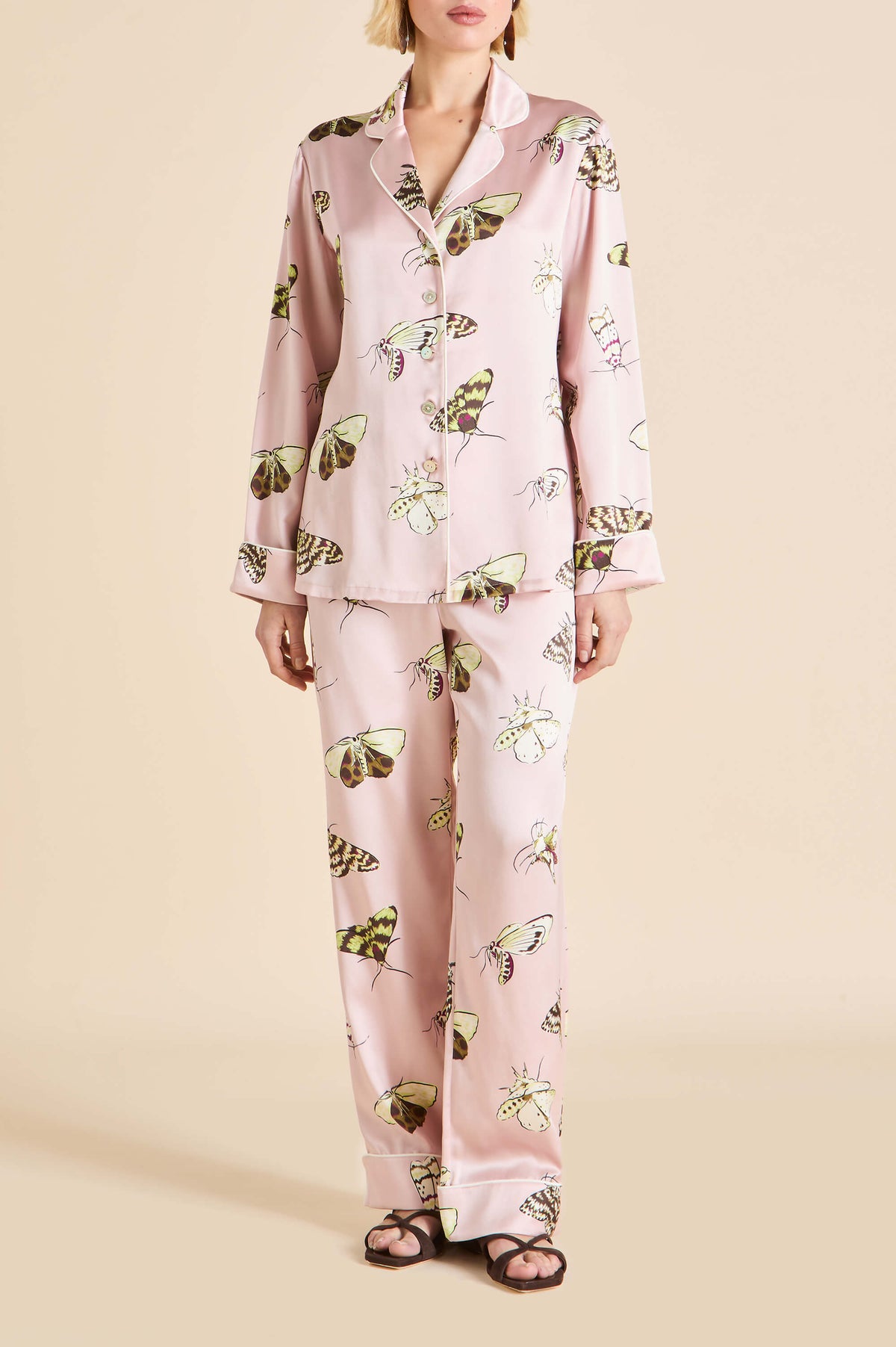 Lila Elda Pink Moth Pajamas in Silk Satin
