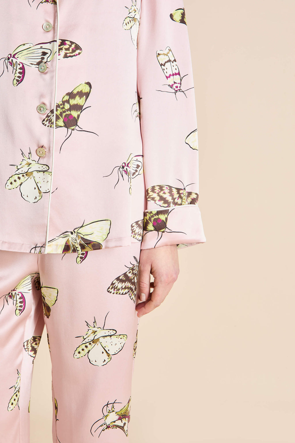 Lila Elda Pink Moth Pajamas in Silk Satin