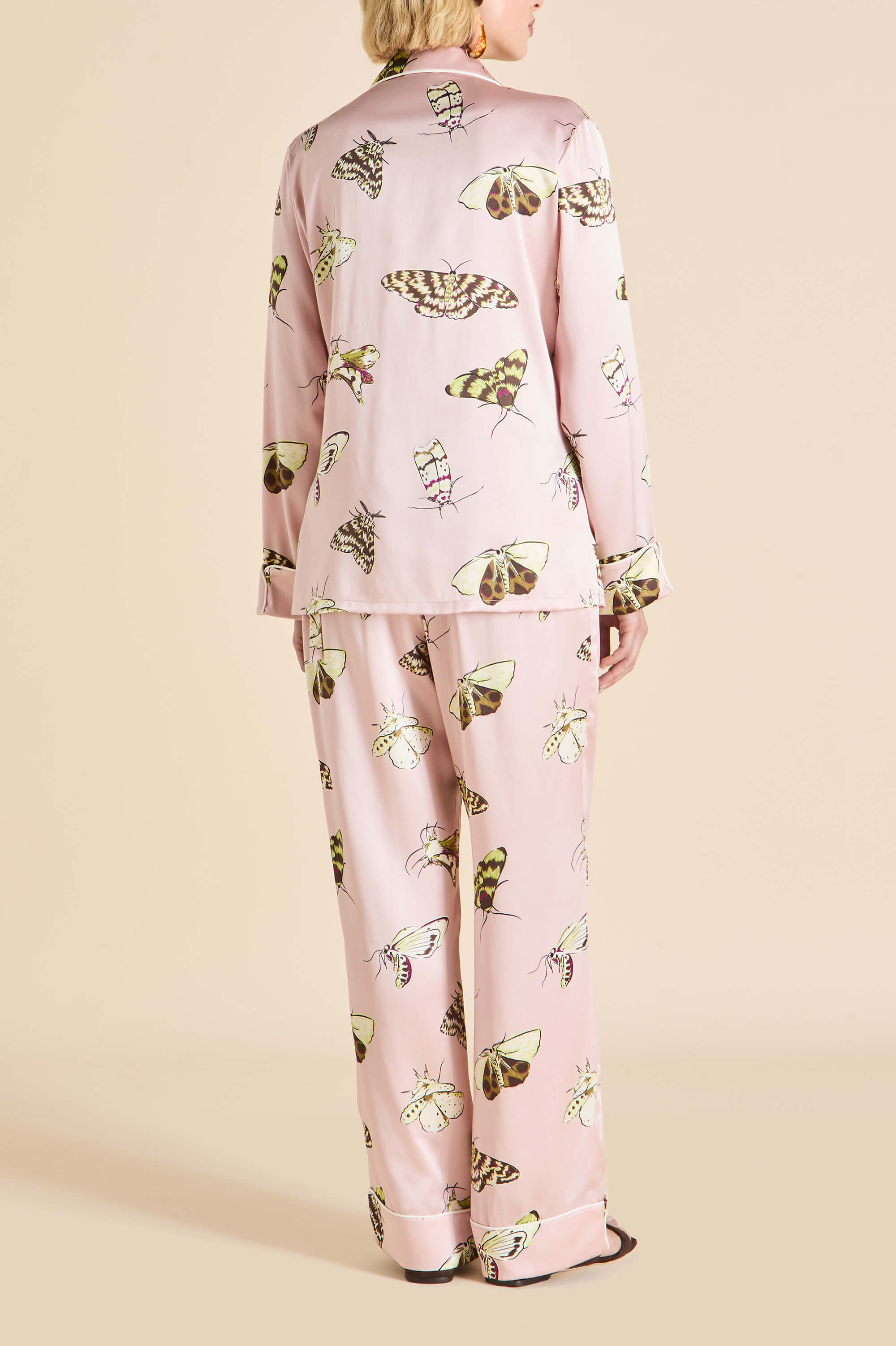 Lila Elda Pink Moth Pajamas in Silk Satin