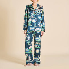 Lila Giotto Green Plate Pajamas in Silk Satin