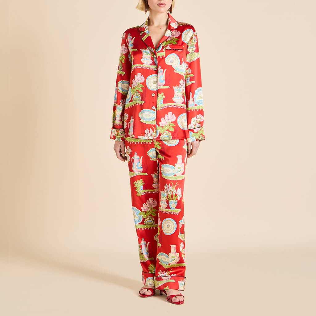 Lila Renata Red Plate Pajamas in Silk Satin