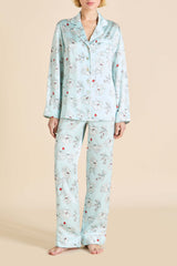 Lila Serafina Blue Floral Pajamas in Silk Satin